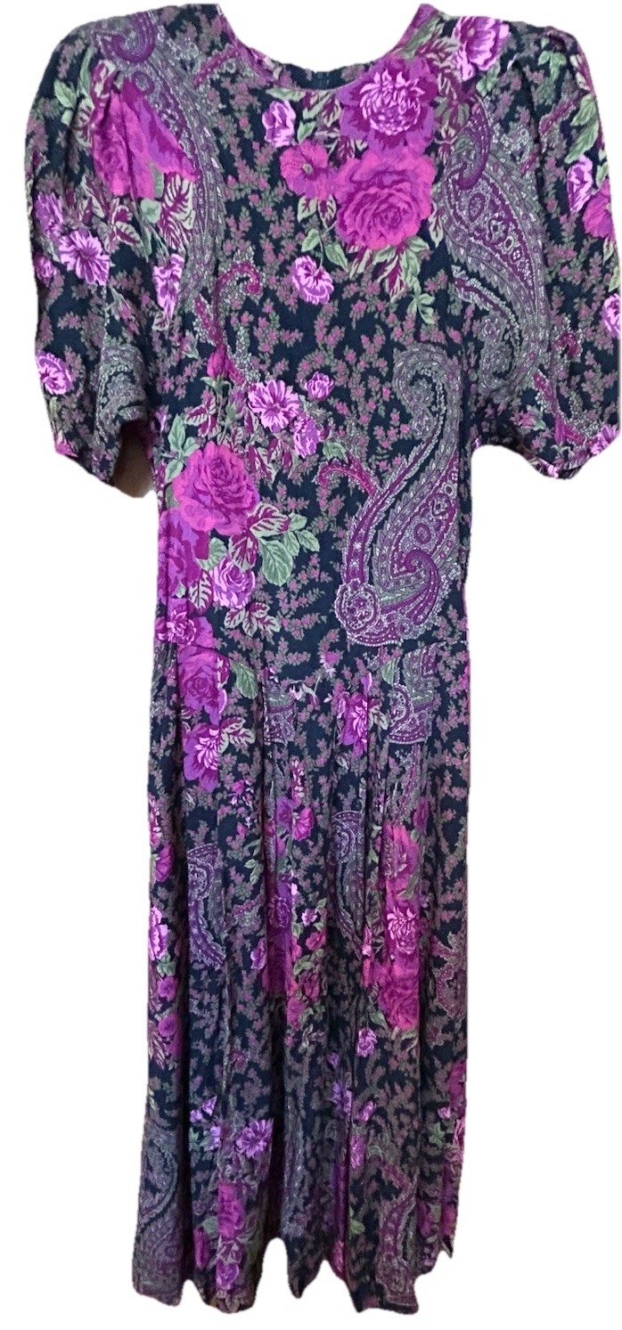 VTG 80-90s By Choice Floral Paisley Fitn’flare Midi Dress Puff Sleeve 7 Cottage