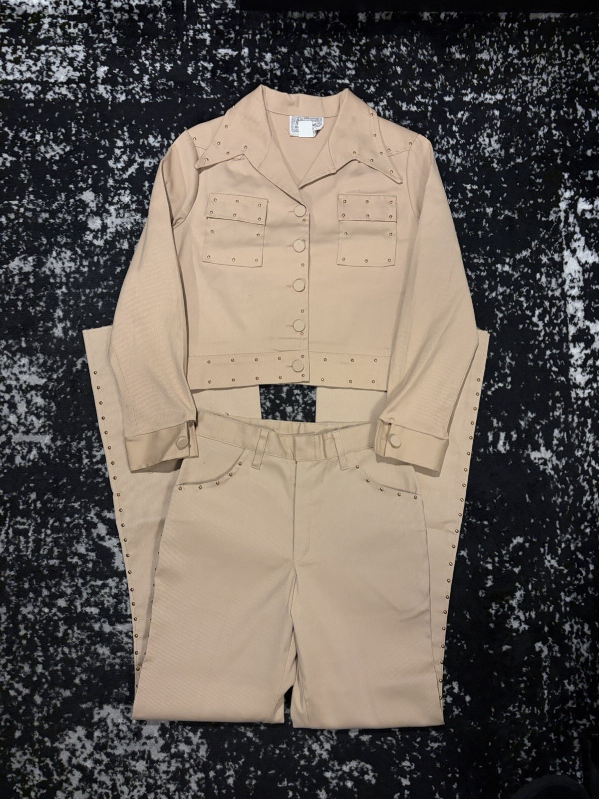 Deadstock Vintage 1970s H Bar C Studded Western 2 Piece Outfit Pant Suit Set Tan