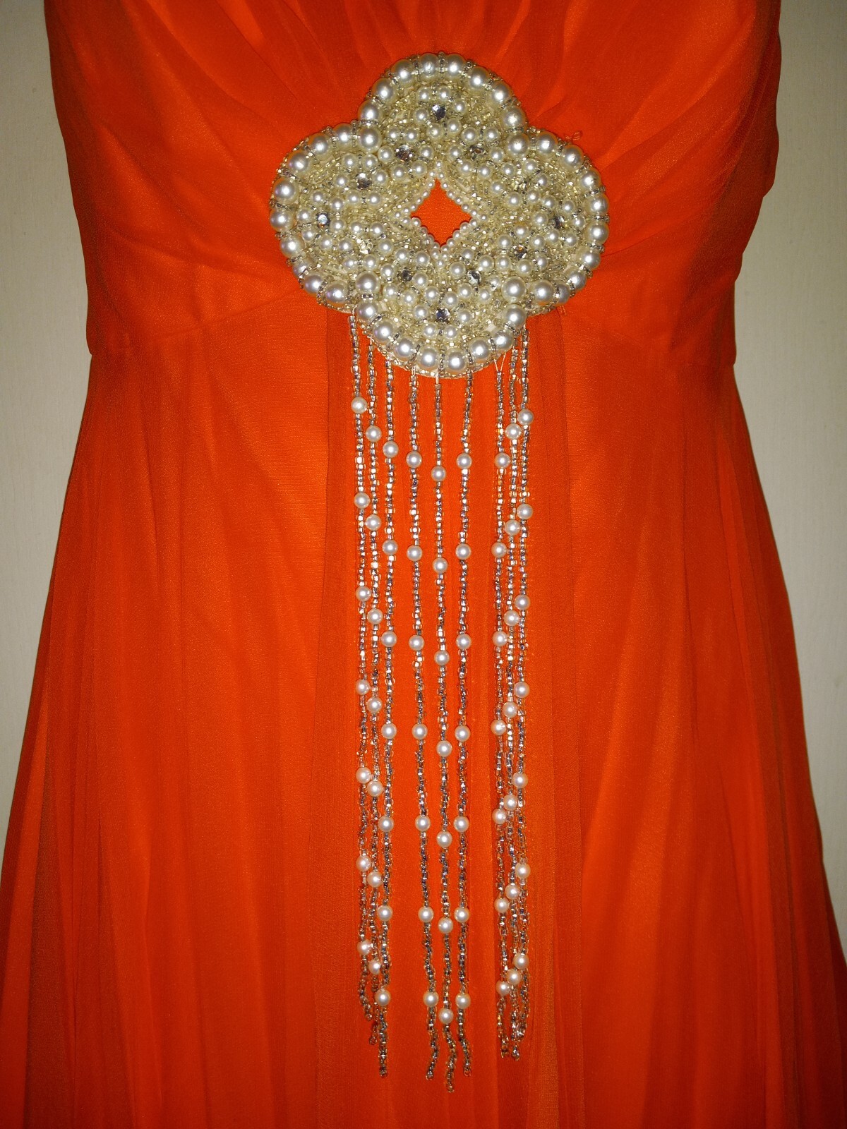 Vintage 60s Mike Benet Orange Sheer Chiffon Gown Dress Formal Beaded Applique S