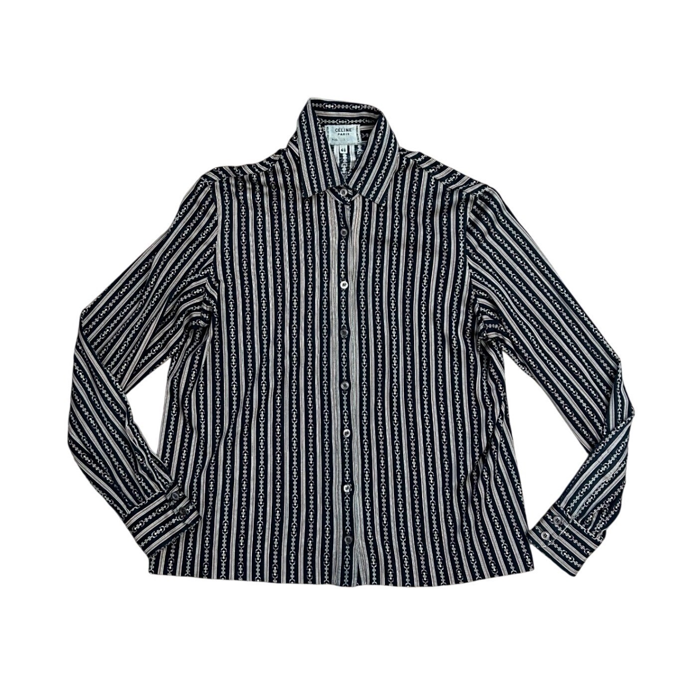 Celine Paris Vintage Striped Chain Link Button Down Shirt Black Cotton 46 luxury