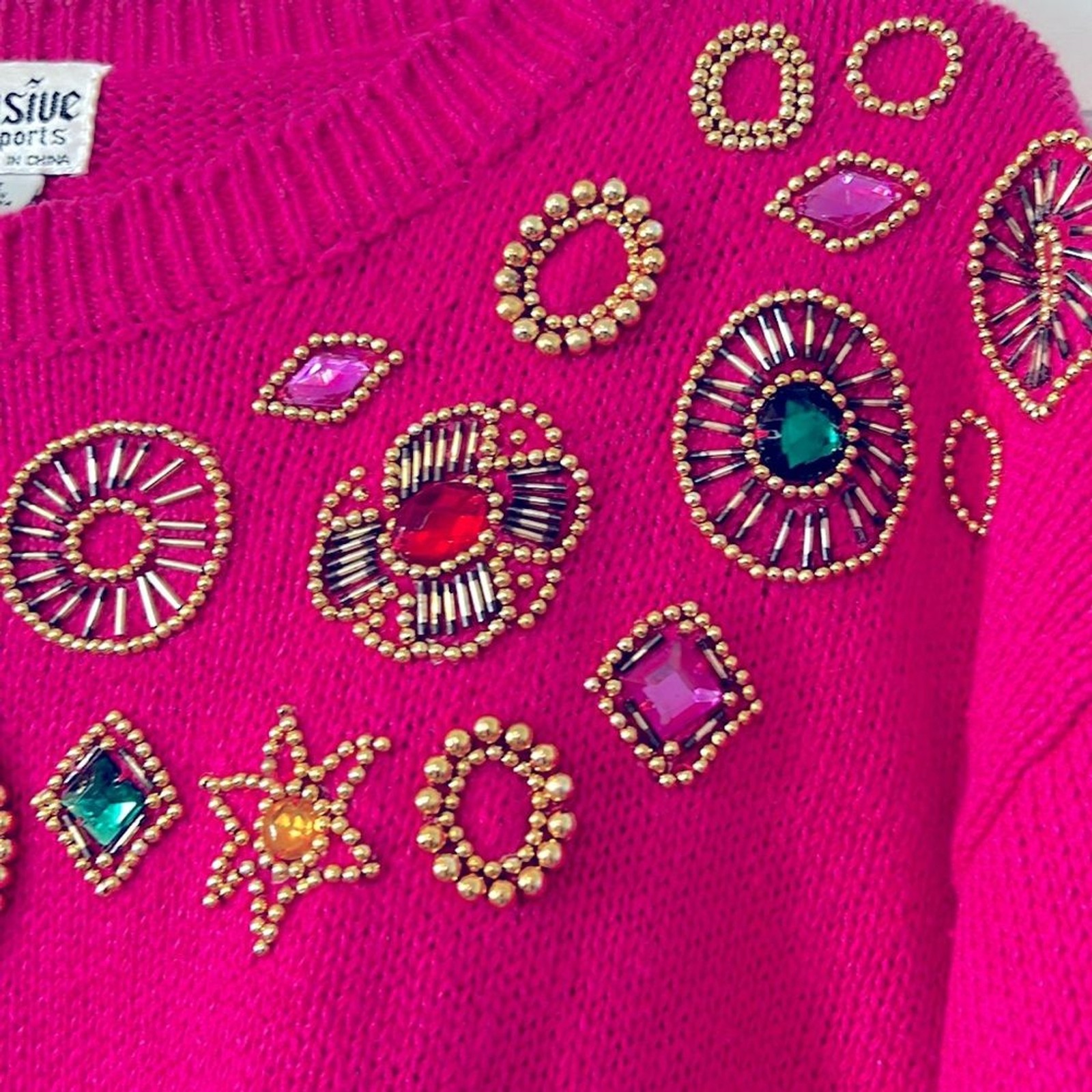 Vintage bright pink cotton/ramie sweater with beads and rhinestones – size L