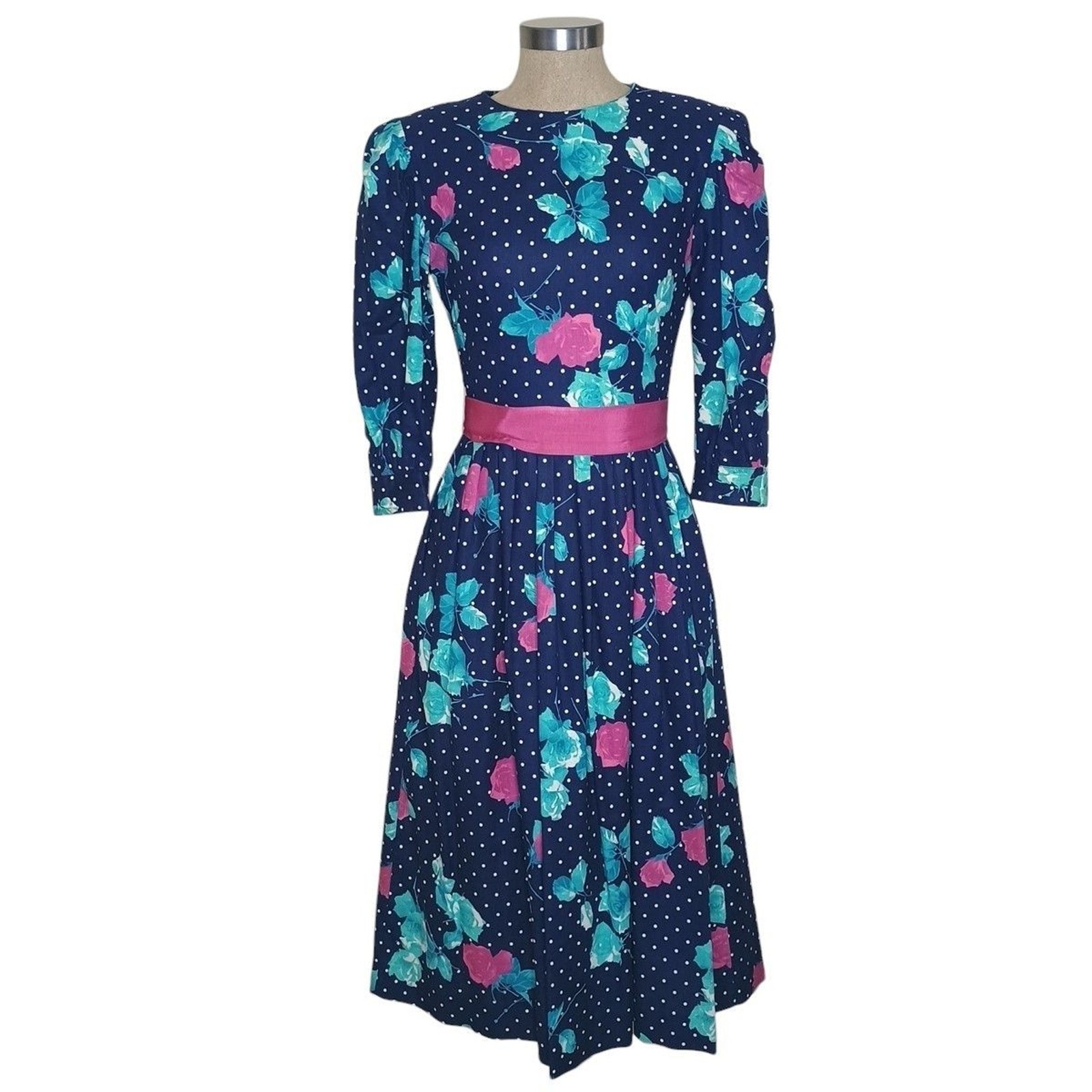 Vintage Lanz Originals 80s Dress Sz 8 Blue Floral Cottagecore Belted Pockets