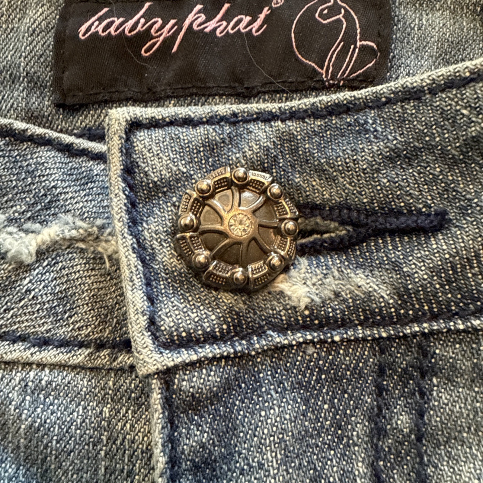 Vintage Baby Phat Capri Pants Distressed Silver Pearls Rhinestones Cat Size 7