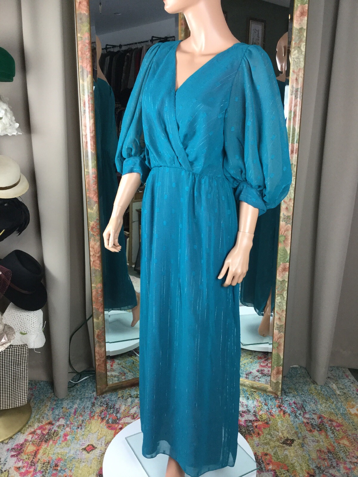 VTG David Morris Maxi Blue Silver Thread Gown Dress Lined Sz 10 Huge Sleeves