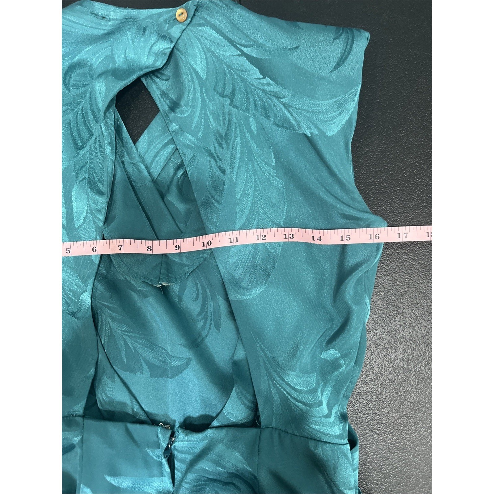 Lola Collections Dress Womens 4 Teal Jacquard Leaf Draped Open Back Ruffle 80s