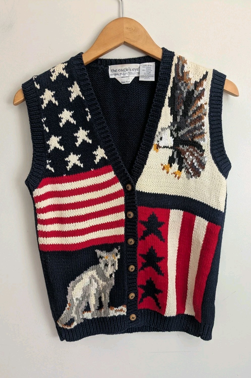 Vtg Eagles Eye Handknit Cotton Sweater Vest Patriotic USA Flag Eagle Womens S