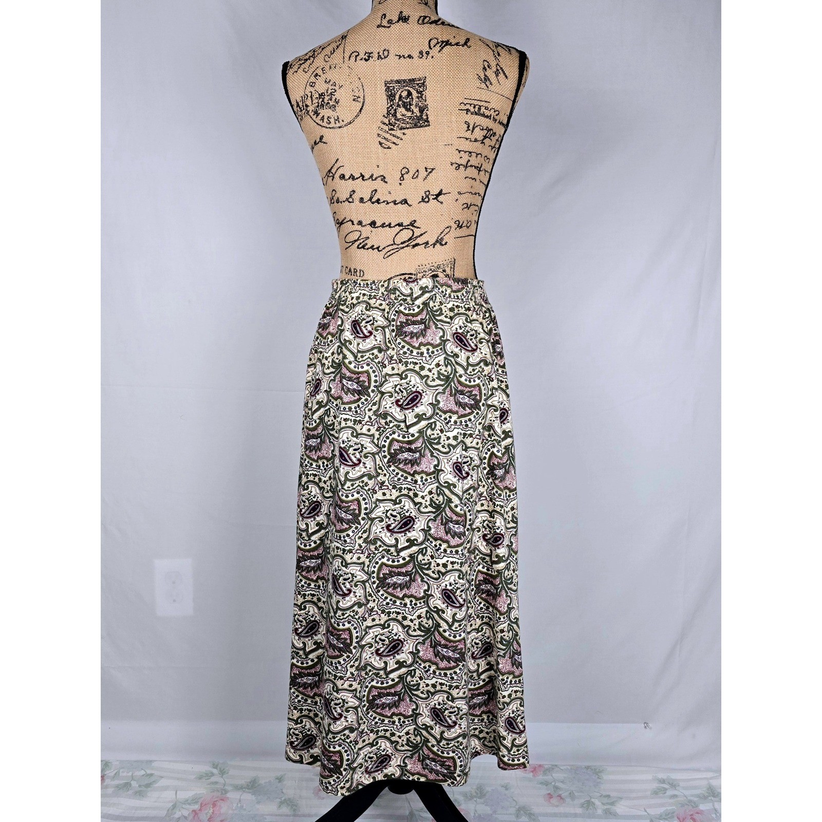 Vintage Van Heusen for Her Paisley Maxi Skirt Cotton Elastic Waist Green Large