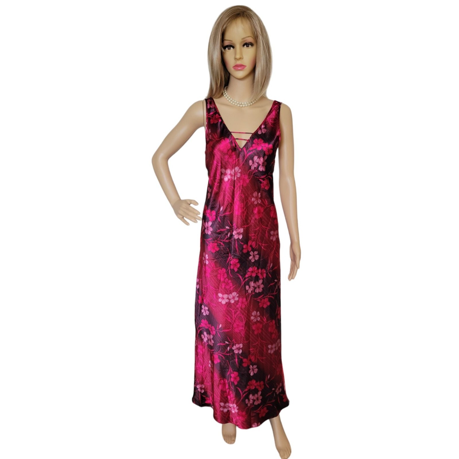 Warner’s Sleepwear Vtg Red Multi Satin Tropical Floral Nightgown Maxi Dress Sml