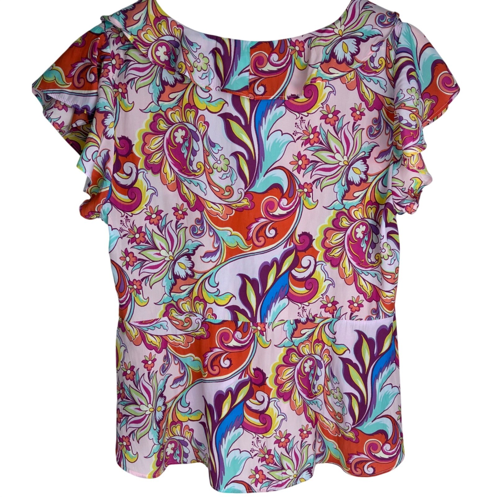 Rose & Olive Babydoll Blouse Medium Pink Paisley Floral Flutter Sleeve Bow Top