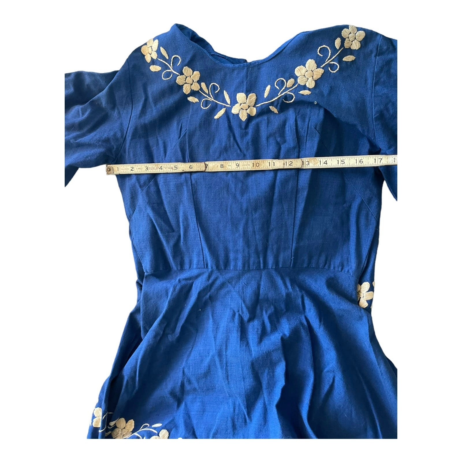 Blue Linen Embroidered Peasant Maxi Dress Sweeping Skirt Small Vintage 1960’s