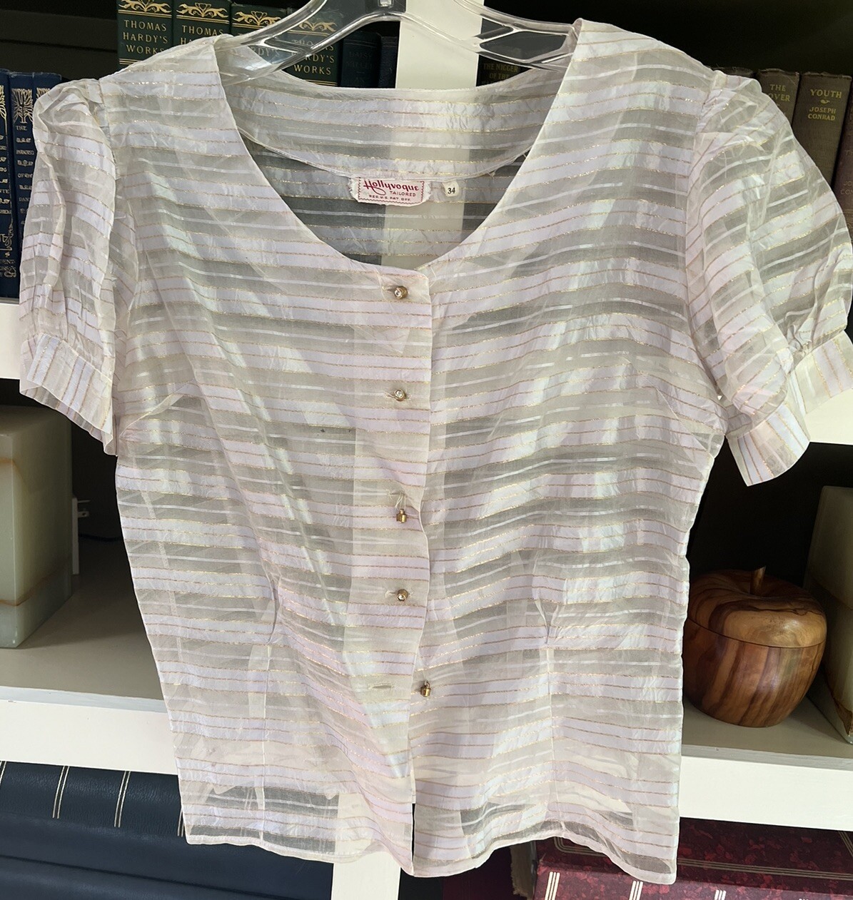 Vintage Hollyvogue White And Gold Stripe Chiffon Peek A Boo Blouse Size 34 RARE