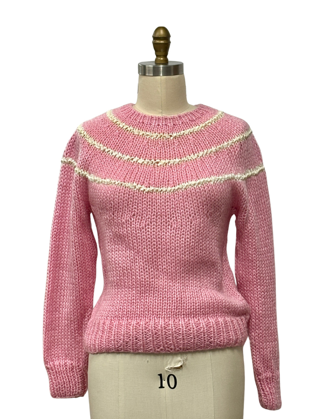 VINTAGE 1970s PINK W/WHITE RIBBON SWEATER | 1970s VINTAGE PINK KNIT SWEATER