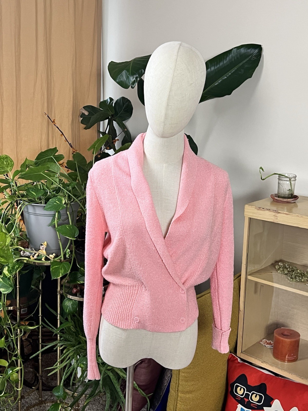 VTG 80s Does 50s Cotton Candy Pink Cowl Neck Sweater Medium