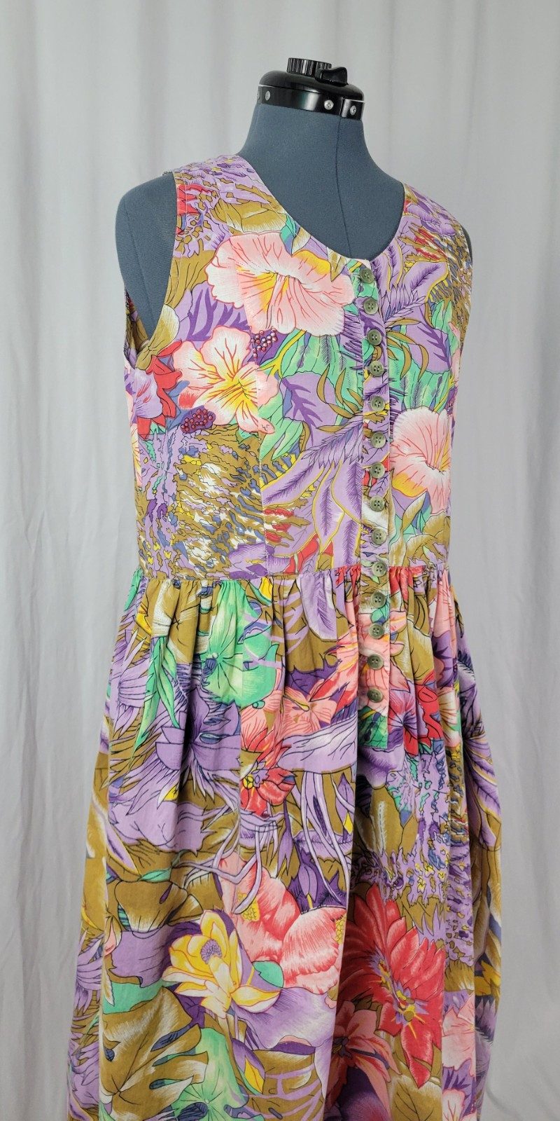 Vintage Erika Pink/Purp/Green/Tan Tropical Floral Print Jumper w Pockets Size L