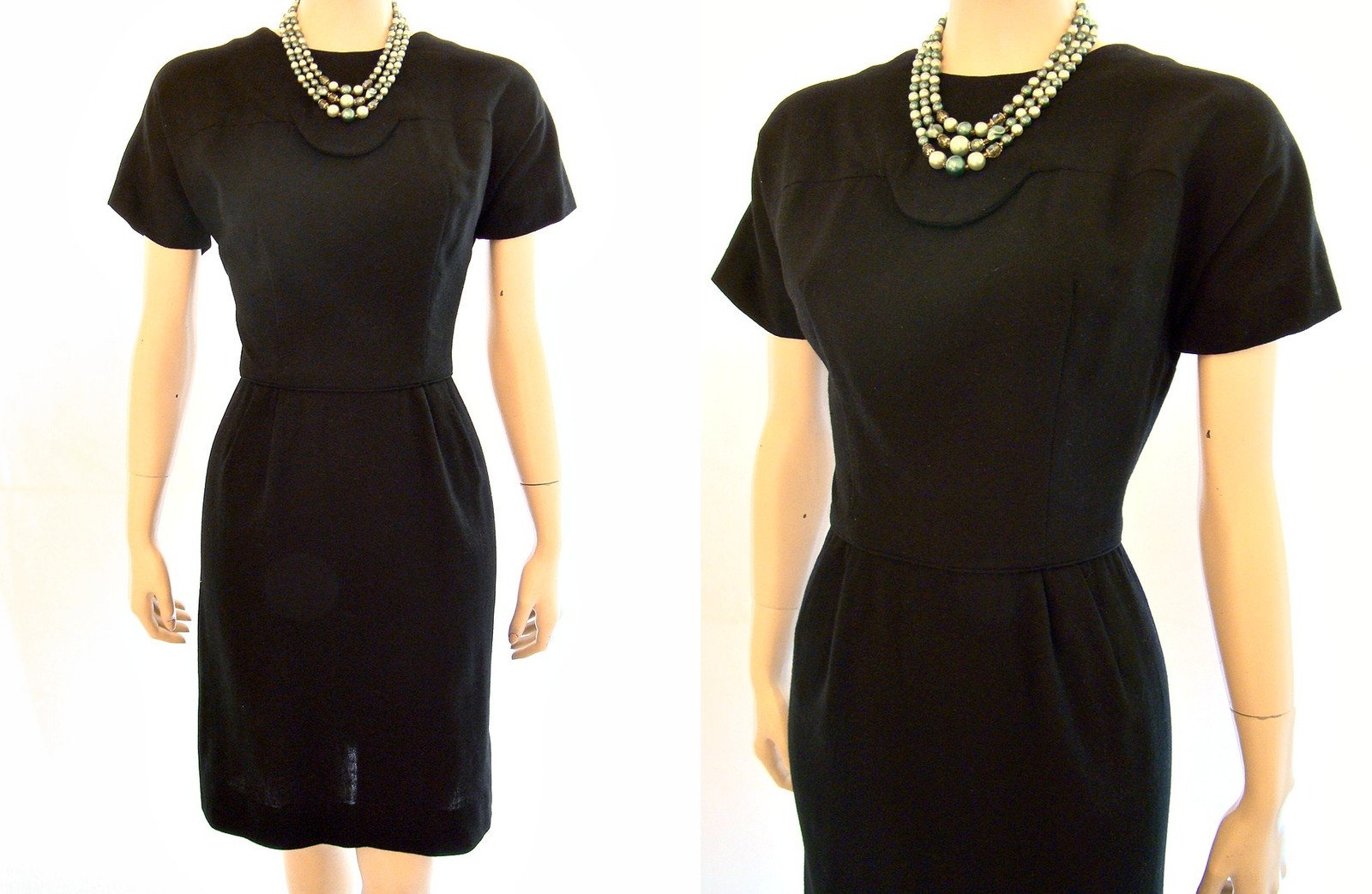 VTG 50s Elegant Tab Top Short Sleeve A Line Black Wool Day Dinner Dress S/M