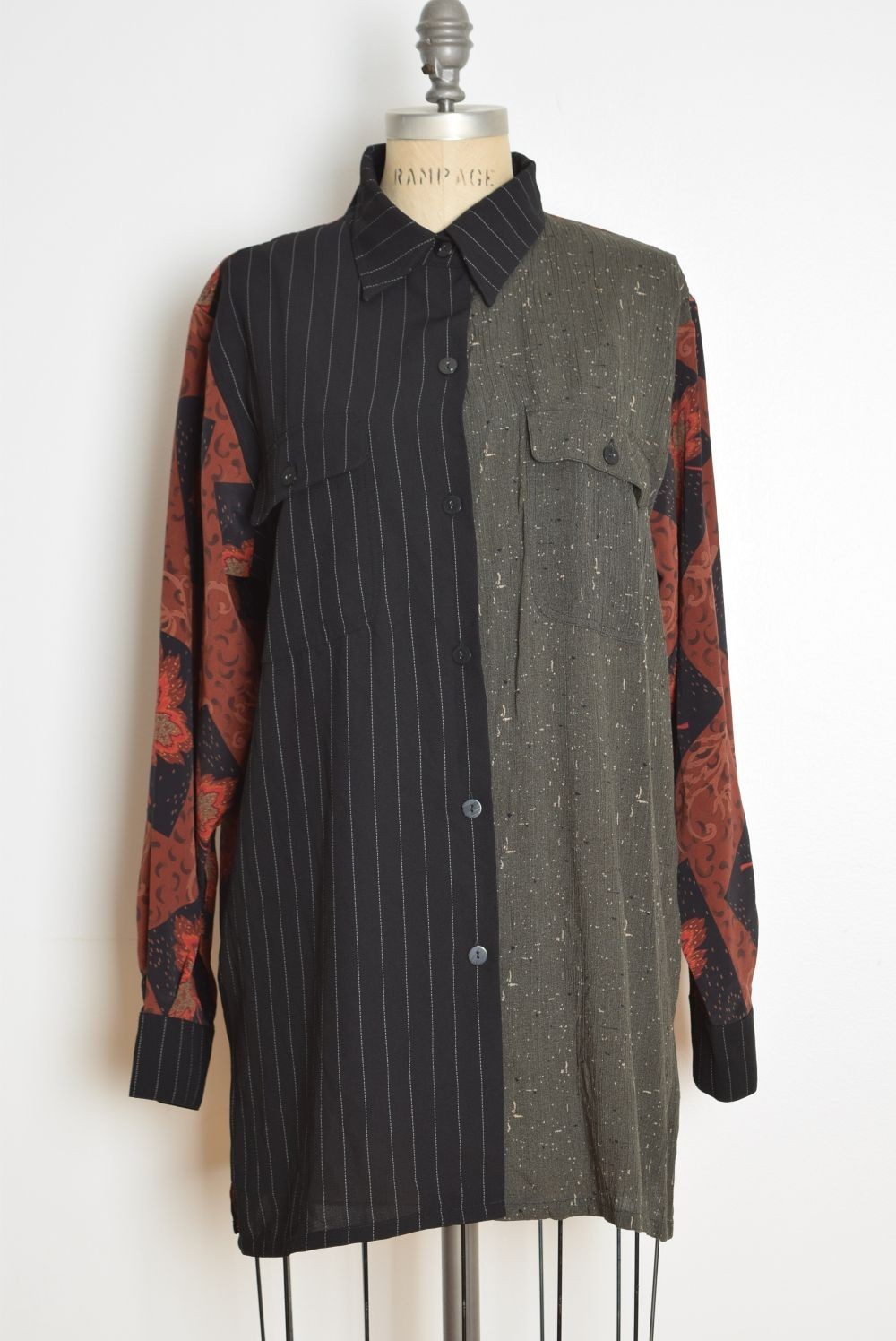 vintage 90s top patchwork button up shirt blouse oversized black gray rust L XL