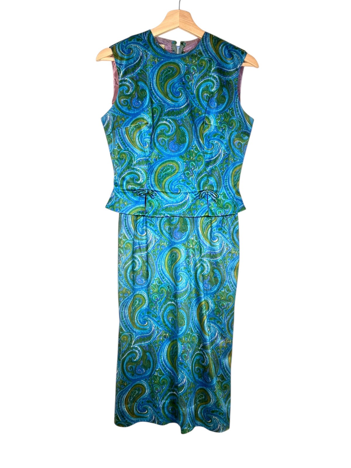 Vintage 1960s Selma Washington DC Blue Green Paisley 2 Pc Dress Top Set Sz 6 S