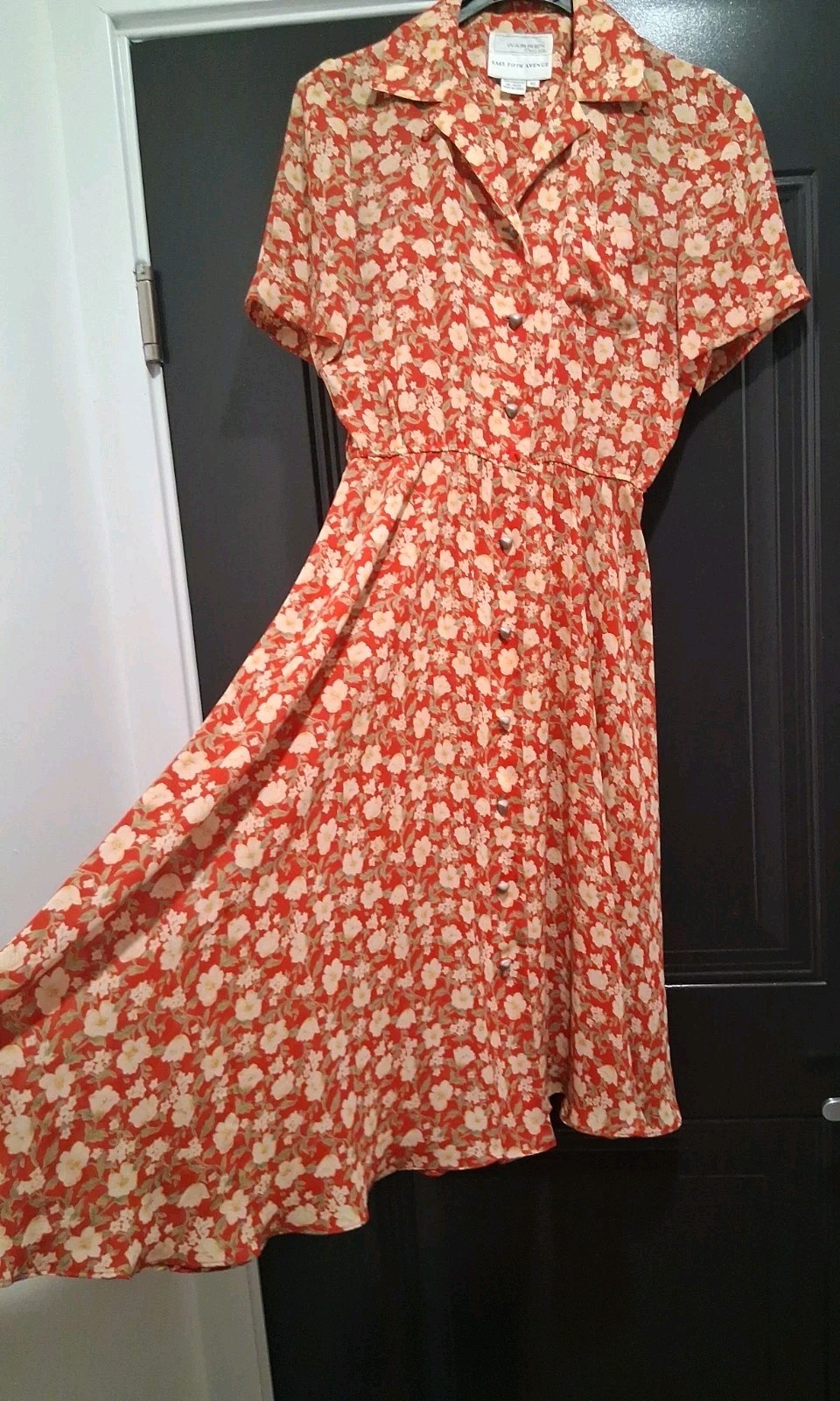 Vtg Warren Saks Fifth Ave Long Dress 10 Floral Buttons Relaxed A-line Short Sl.
