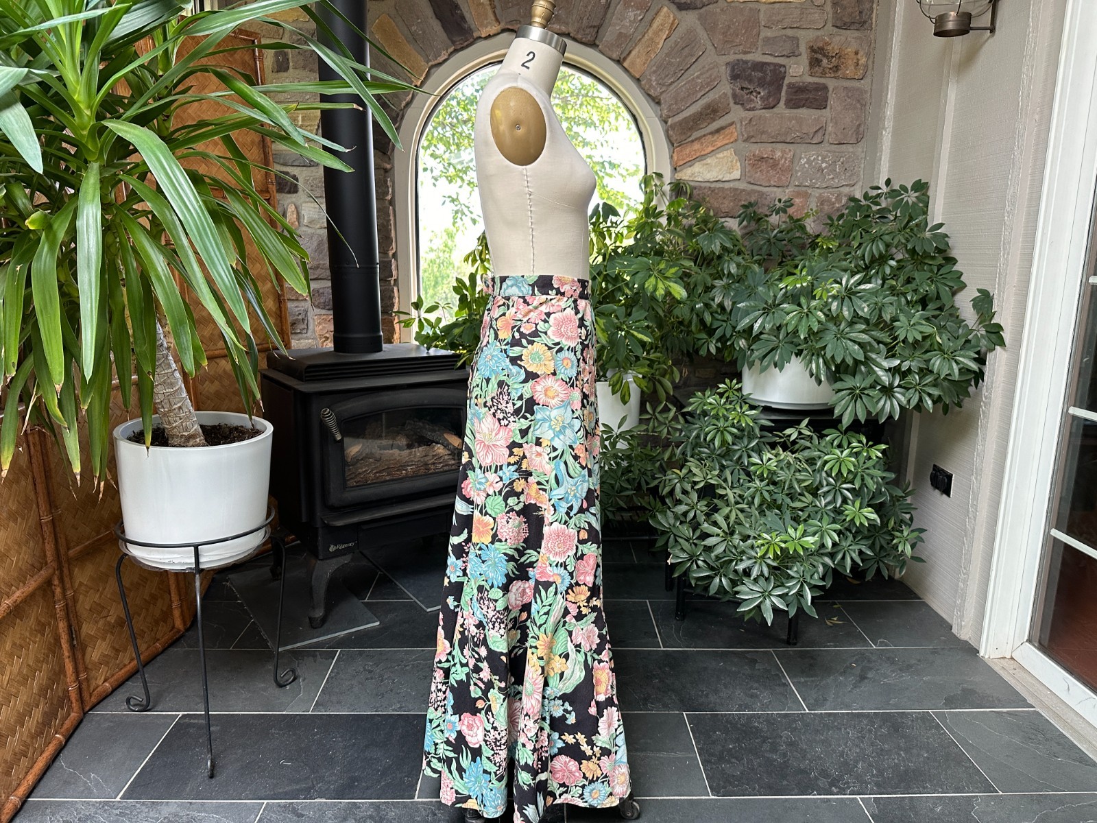 Vintage 1970s Bias Cut Swirl Black Pink Green Floral Maxi Skirt Kelita New York