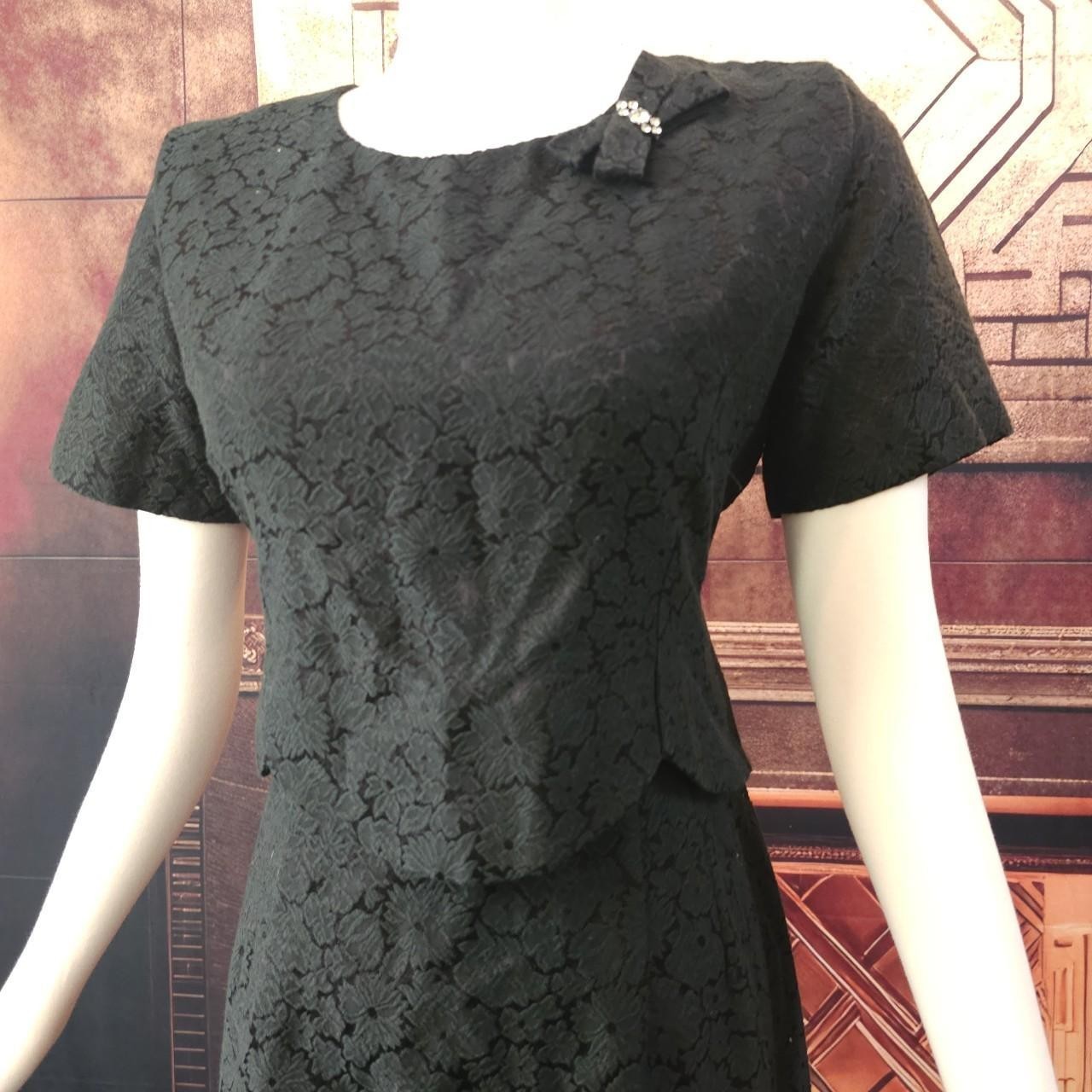 Black Berkshire Damask Layered Dress Gown Vintage 1960s Jacquard Bow Rhinestone