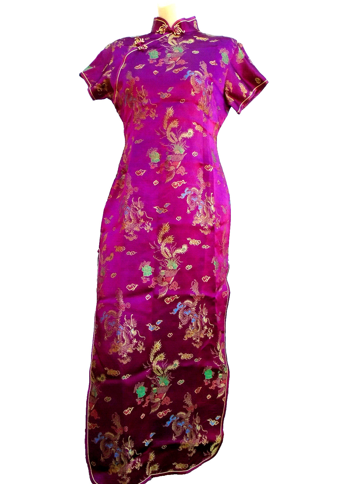 SILK BROCADE+DRAGONS Cheongsam DRESS Women’s M/L 34-36 Laogudai COSTUME VTG NOS