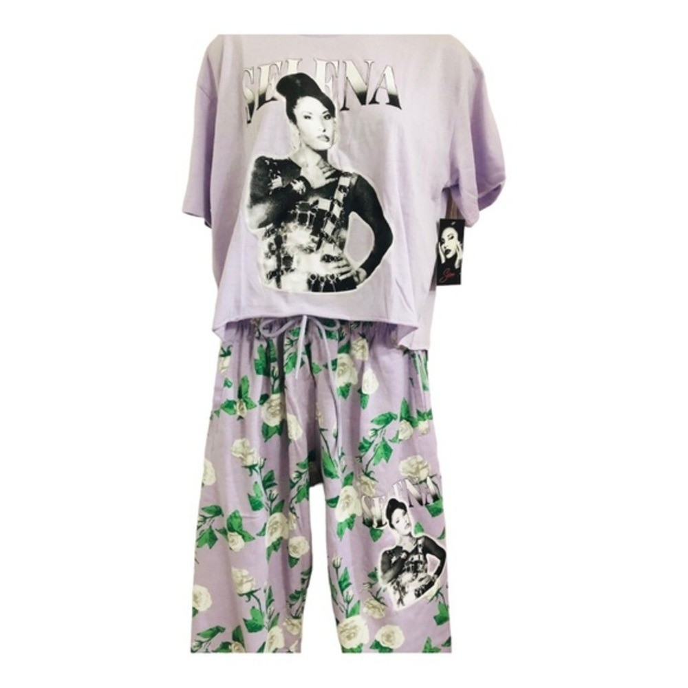 Selena purple white green floral crop shirt & joggers set size large brand new