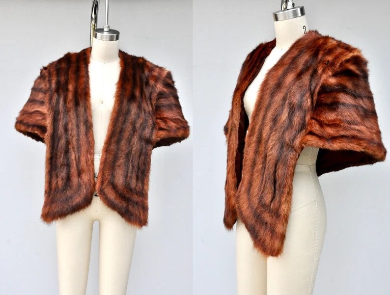 Vintage Mink Fur Stole Cape Capelet Wrap Shawl POCKETS 40s 50s Mid Century