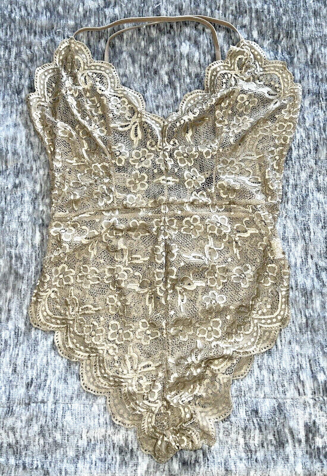 Avid Love Sheer Floral Lace Teddy Romper Bodysuit Elastic Waist Beige Sz M