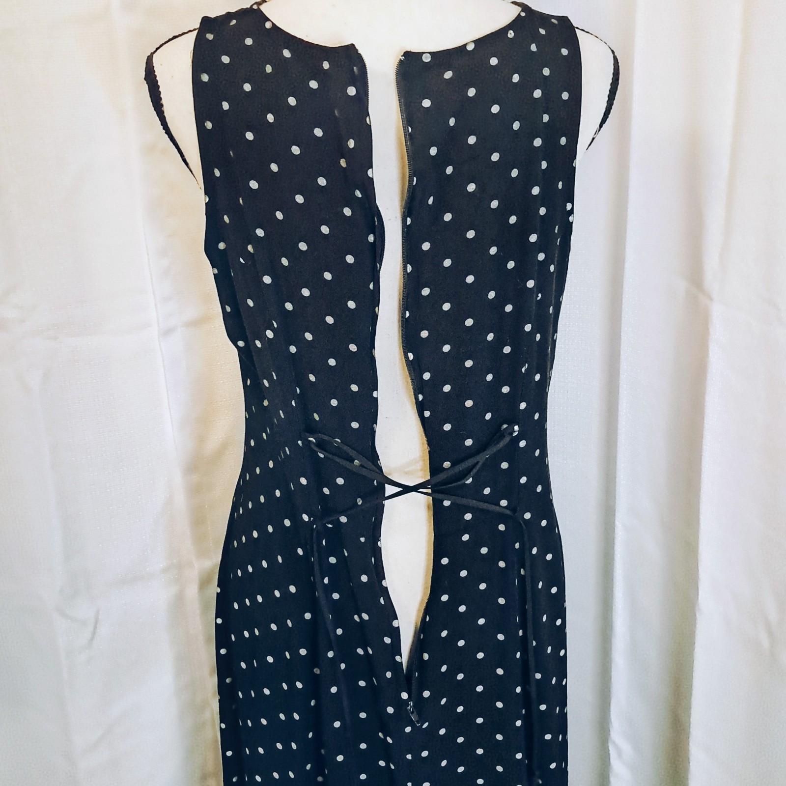 Vtg 90s Casual Corner Black Cream Polkadot Midi Dress Corset-Style Back 11/12