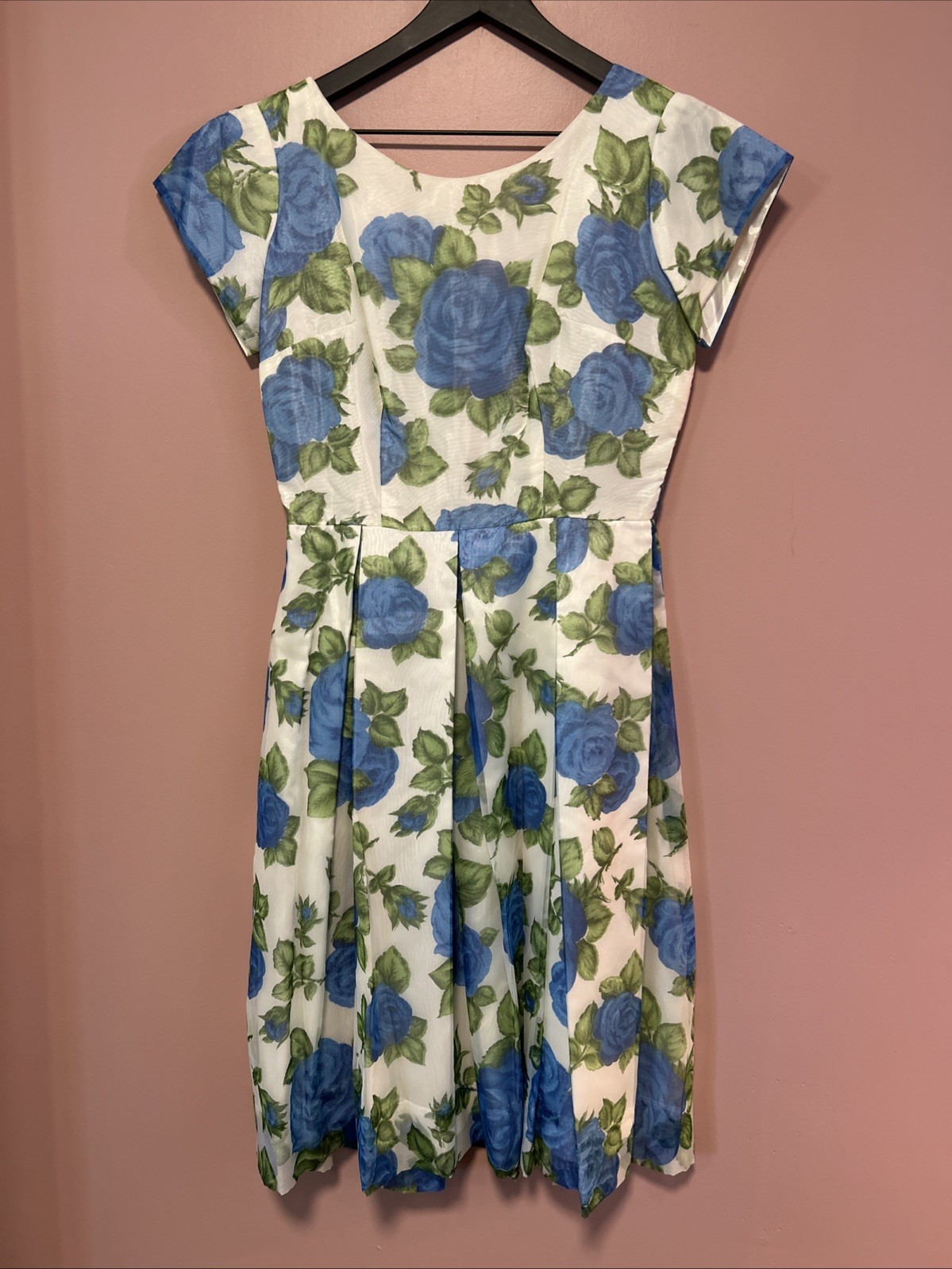 Vintage Blue Rose Print 1950’s Dress M 6 8 Sundress Party pinup Boat Neck ILGWU