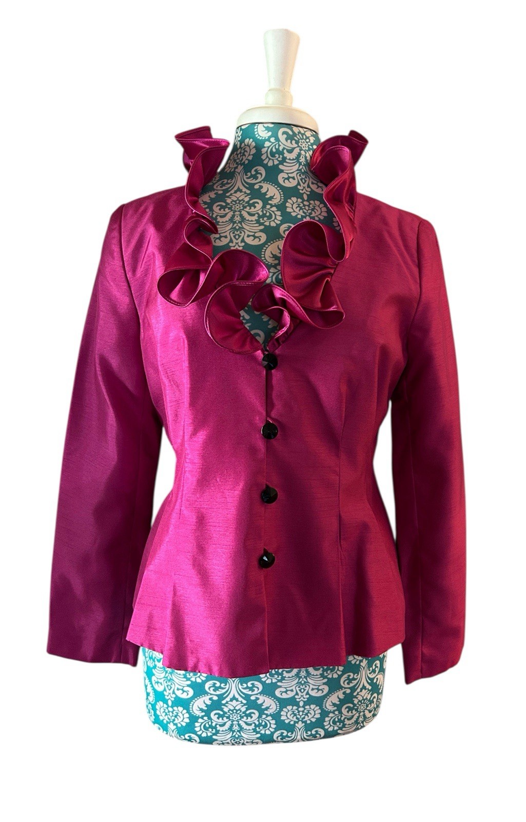 Vintage Pink Ruffled Jacket NWT 1990’s Glam Evening Blouse Jet Black Buttons