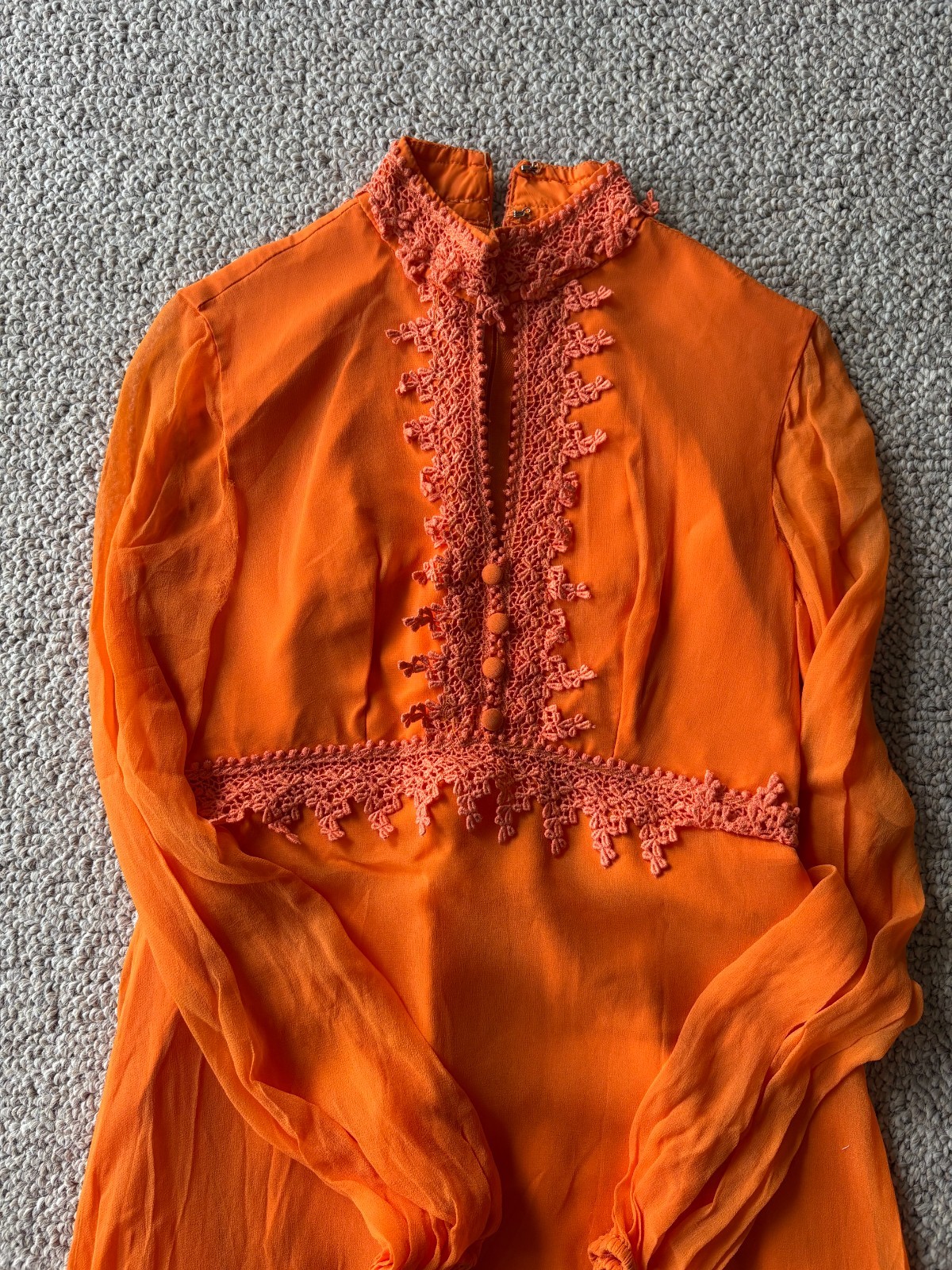 Vintage 70s Orange Boho Prairie Maxi Dress Lace Keyhole Festival S Chic Glam