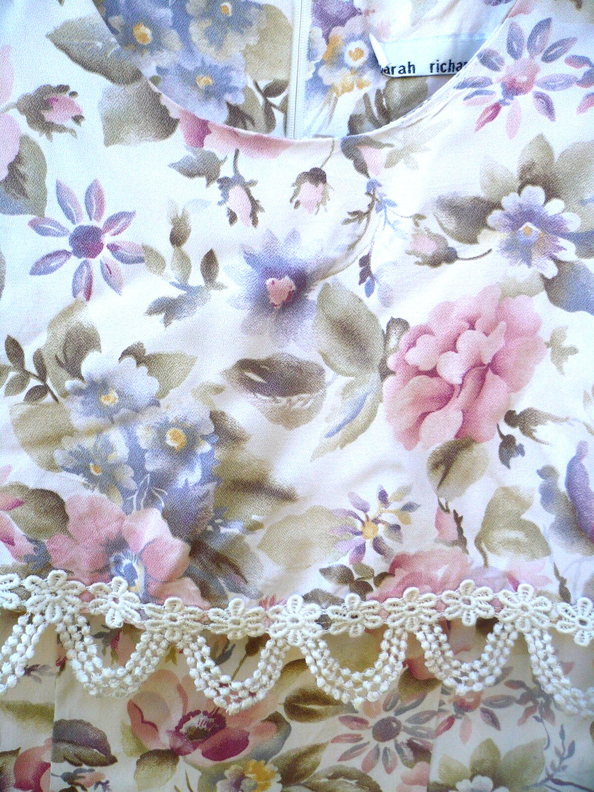 VTG 80S S M SARAH RICHARDS SRING EASTER PINK FLORAL LACE IVORY DRESS PASTEL TIES