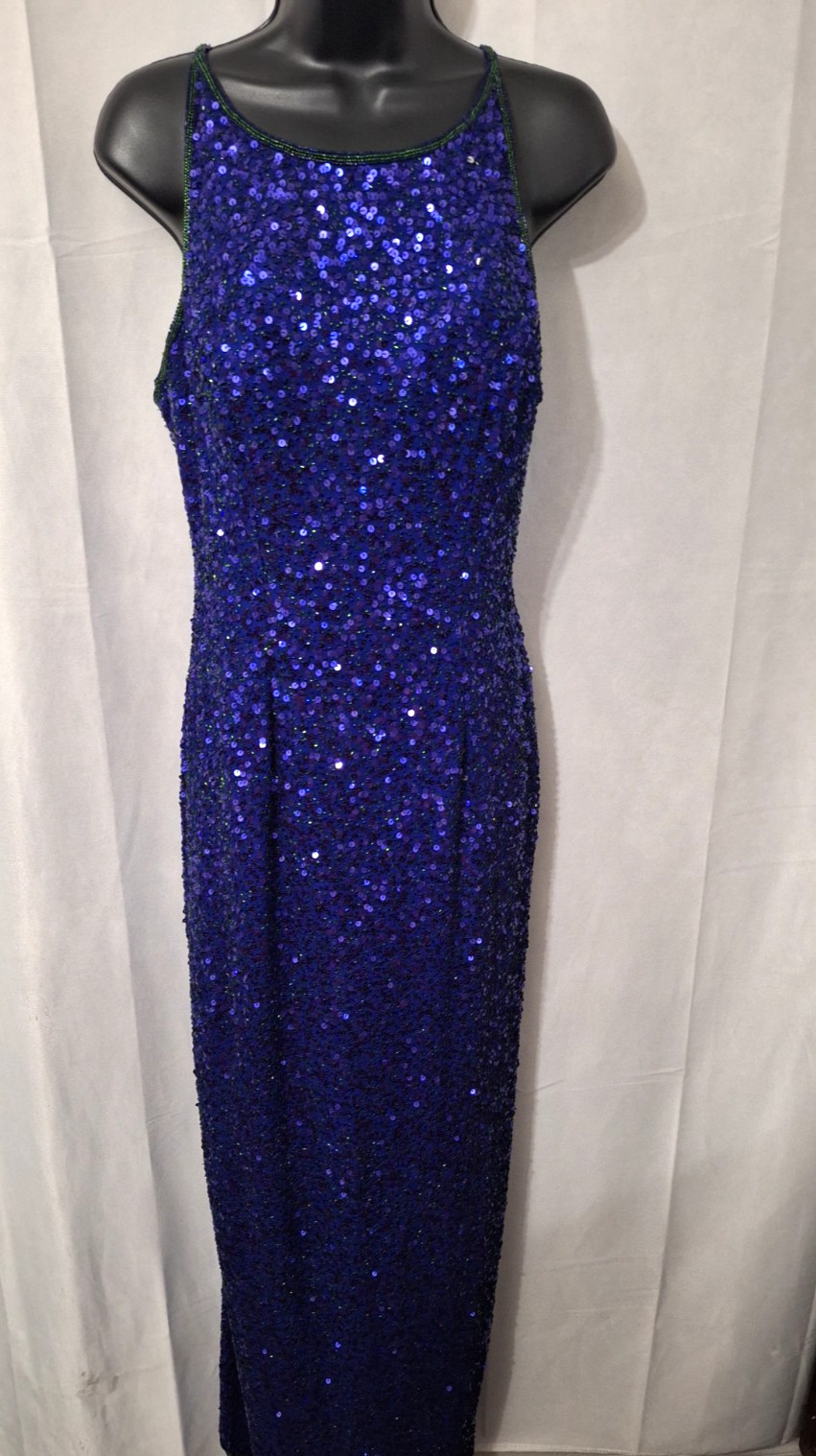 Vintage SCALA Women’s Blue Sequin Evening Gown Silk Maxi Dress Sz L Elegant Long