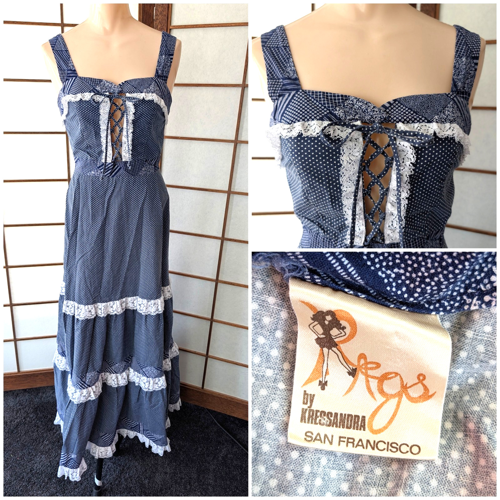 VTG 70’s Rags by Kressandra Prairie Maxi Dress Gunne Style Romantic Hippie XS