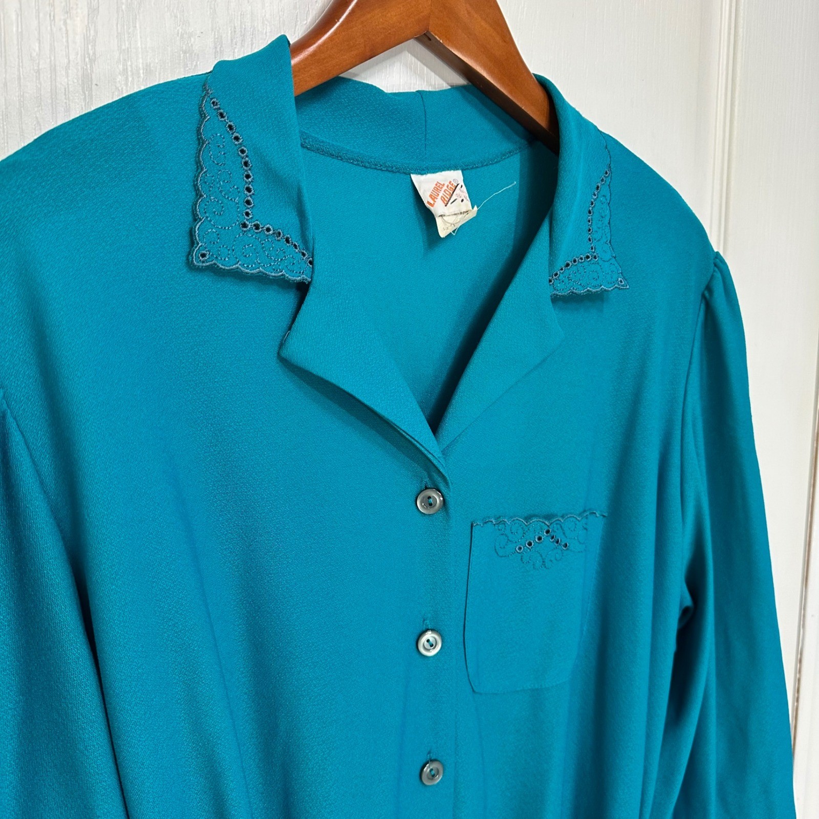 Vintage Laurel Ridge Teal Blue Button Front Belted Dress Eyelet Trim Size 22.5