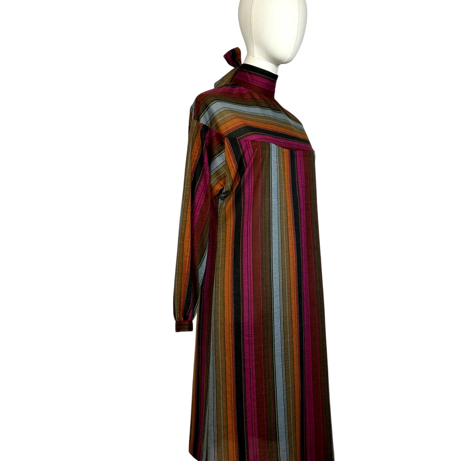 VTG 70s Knit Turtleneck Midi Dress L Pussy Bow Multicolor Bespoke Retro Twee