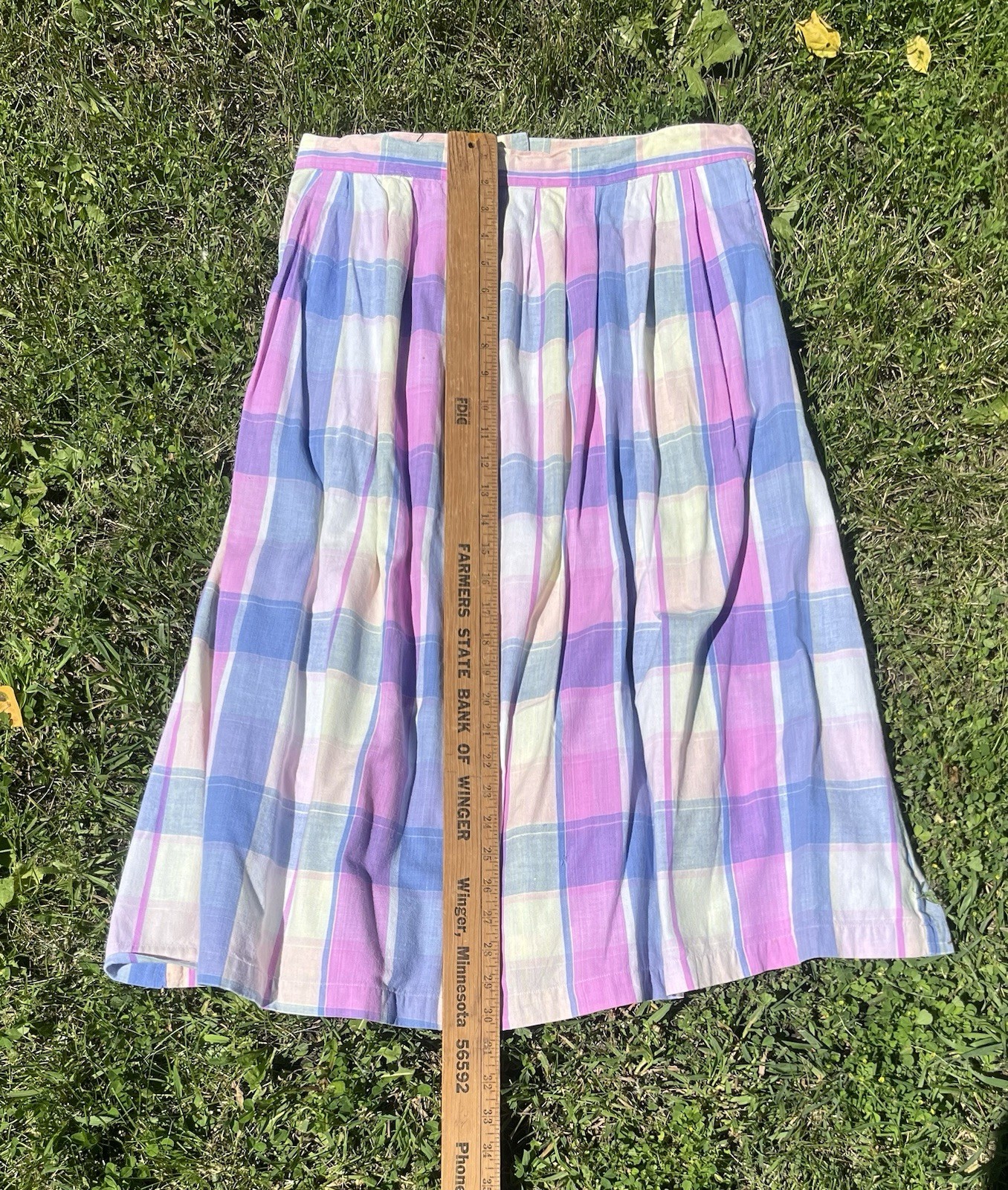 Vintage 1980s E.V. Ltd. Woven Cotton Pastel Plaid Midi Skirt Size L w/ Pockets