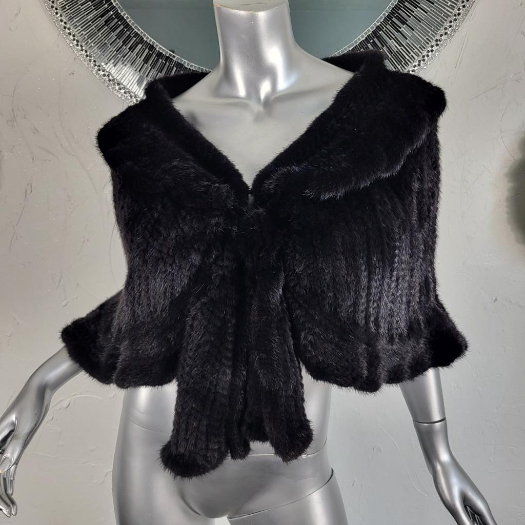 SAKOWITZ~S/M/L~VINTAGE BLACK KNITTED GENUINE REAL MINK FUR STOLE WRAP CAPE COAT