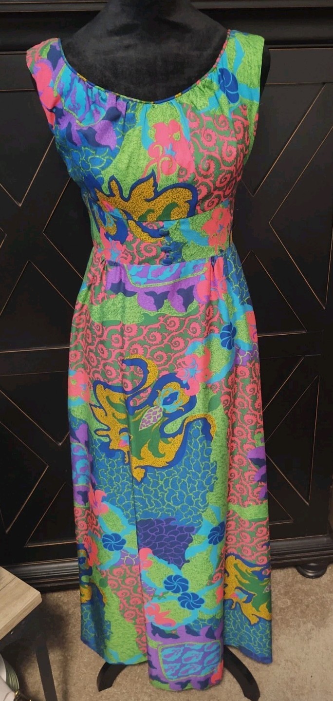 VTG Waltah Clarkes Hawaiian Print Maxi Dress Womens XS Babydoll Sleeveless Vaca