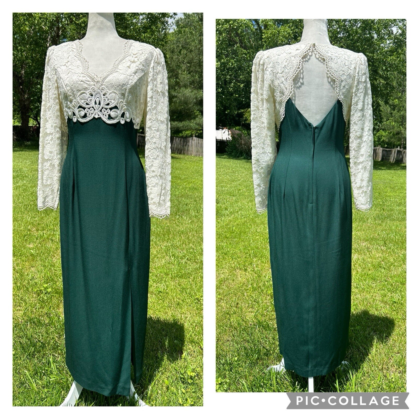 Vintage 90s Scott McClintock Ivory Lace Hunter Green Long Dress Cutout Back S M