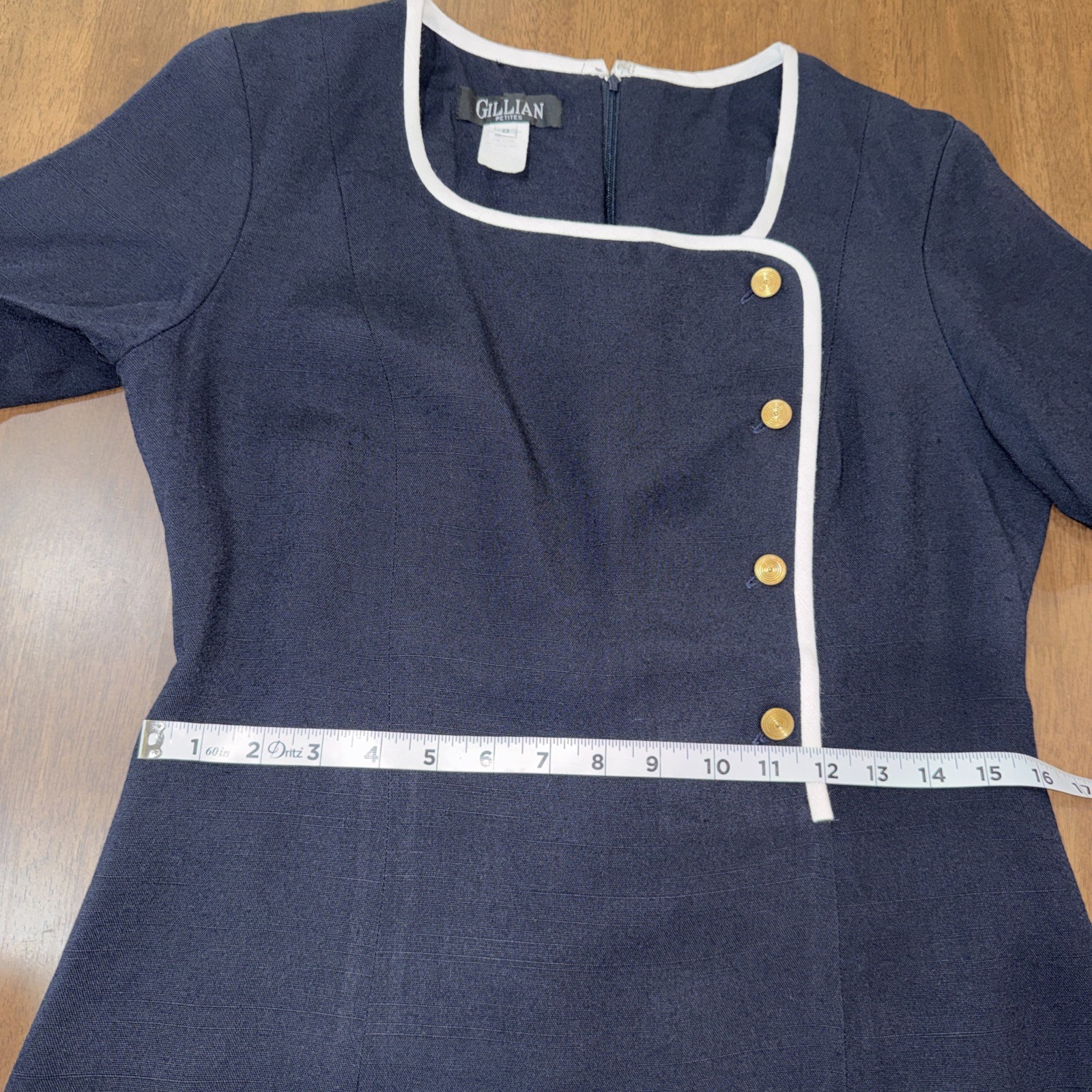 Vintage Navy Sheath Dress Petite 8 Union Made Gold Buttons White Trim Lined