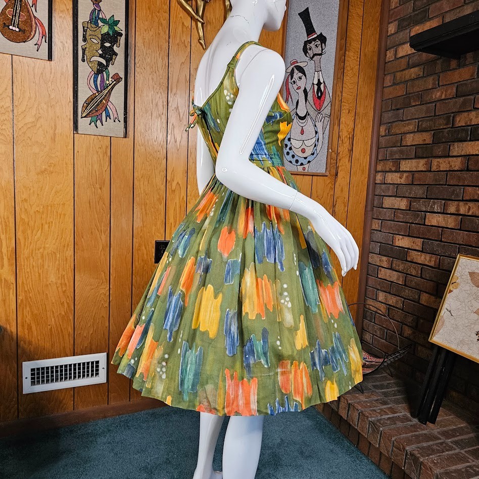 Vtg 50s Novelty Olive Paint Splatter Voile Circle Skirt Party Prom Dress XS/S P