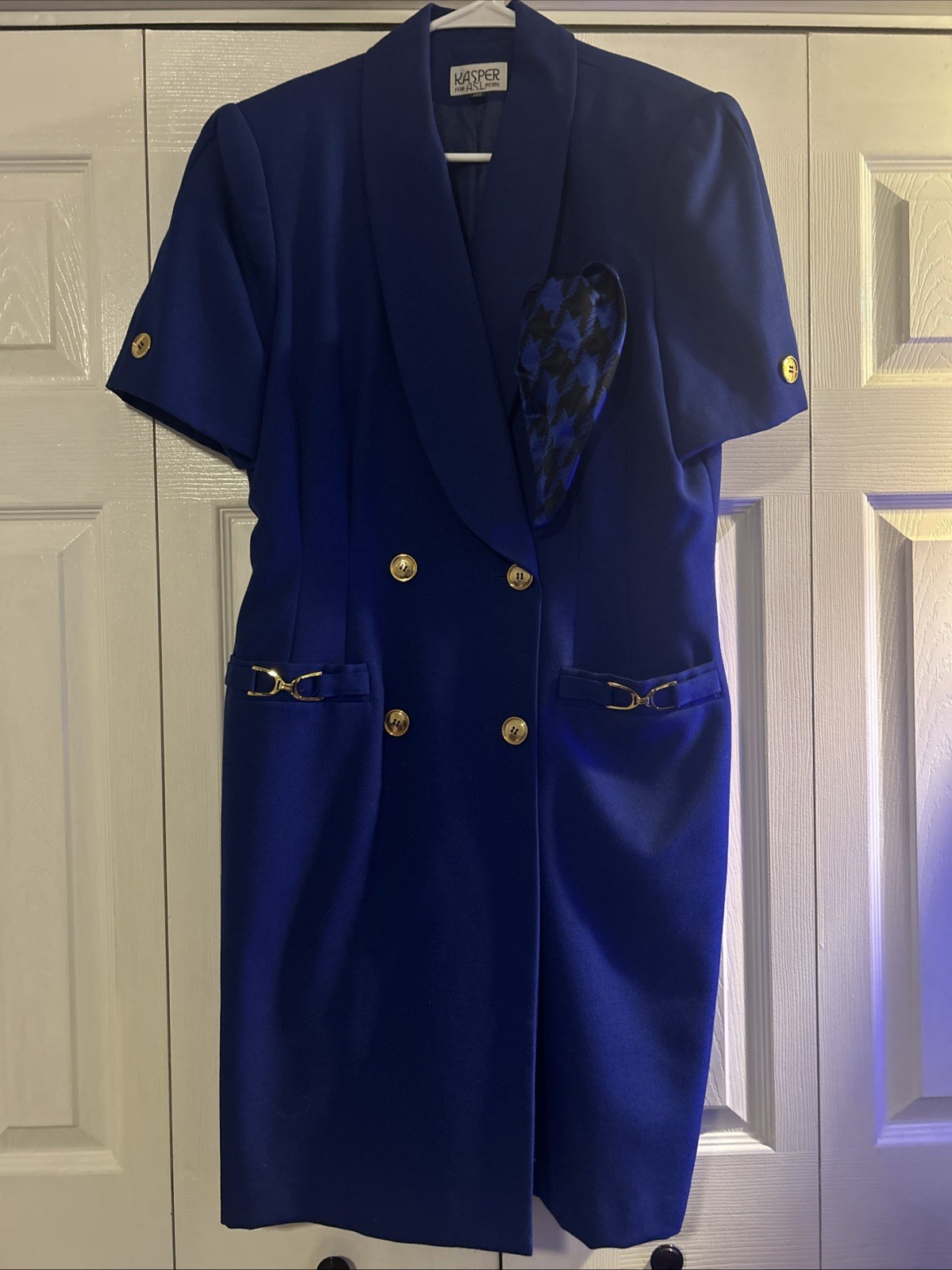 Vtg Kasper for ASL Royal Blue Dress 80s 90s Gold Button Horsebit Office Career