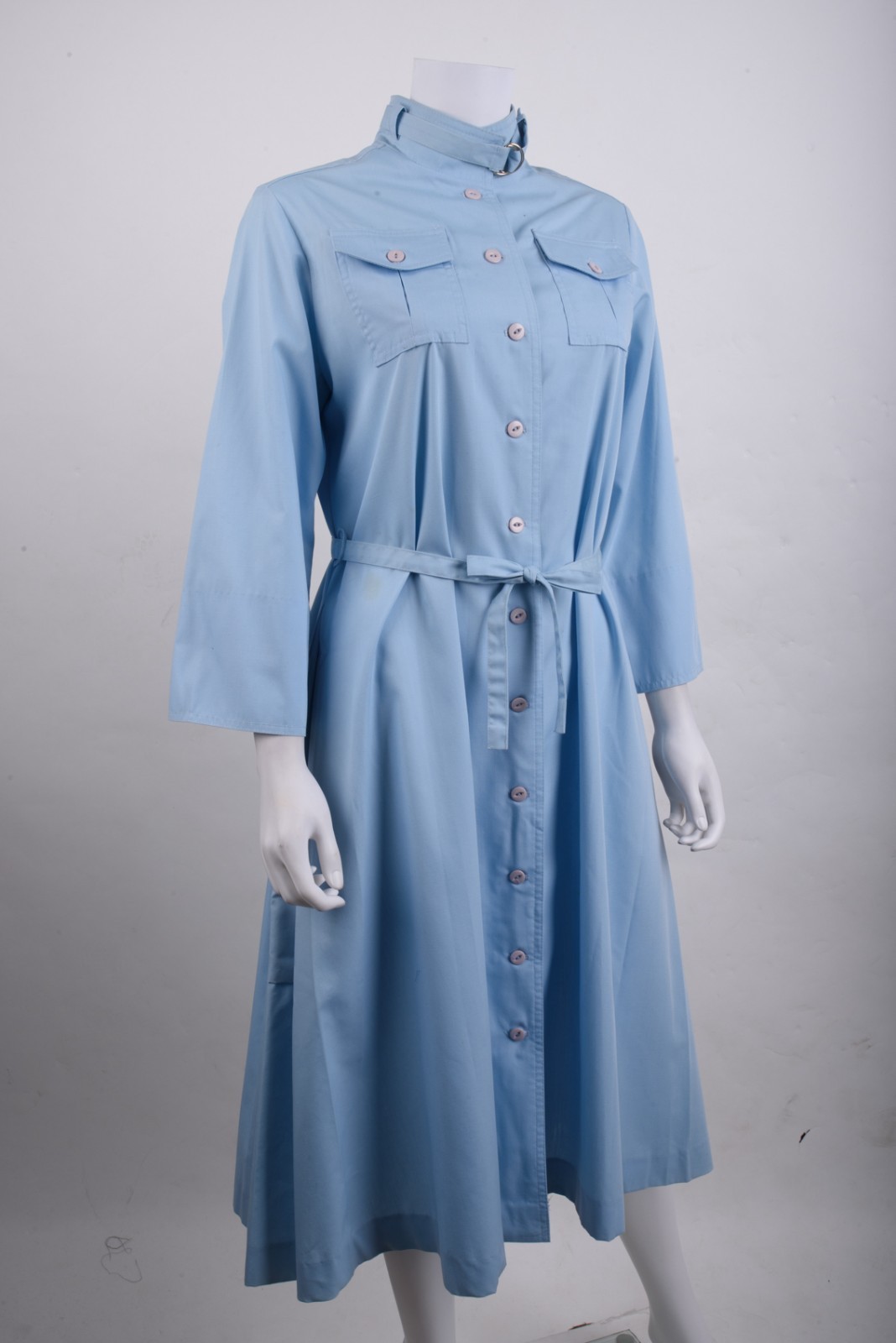 Vintage Serbin of Florida Womans Shirt Dress Size 12 Blue Tie Belt Neru Collar