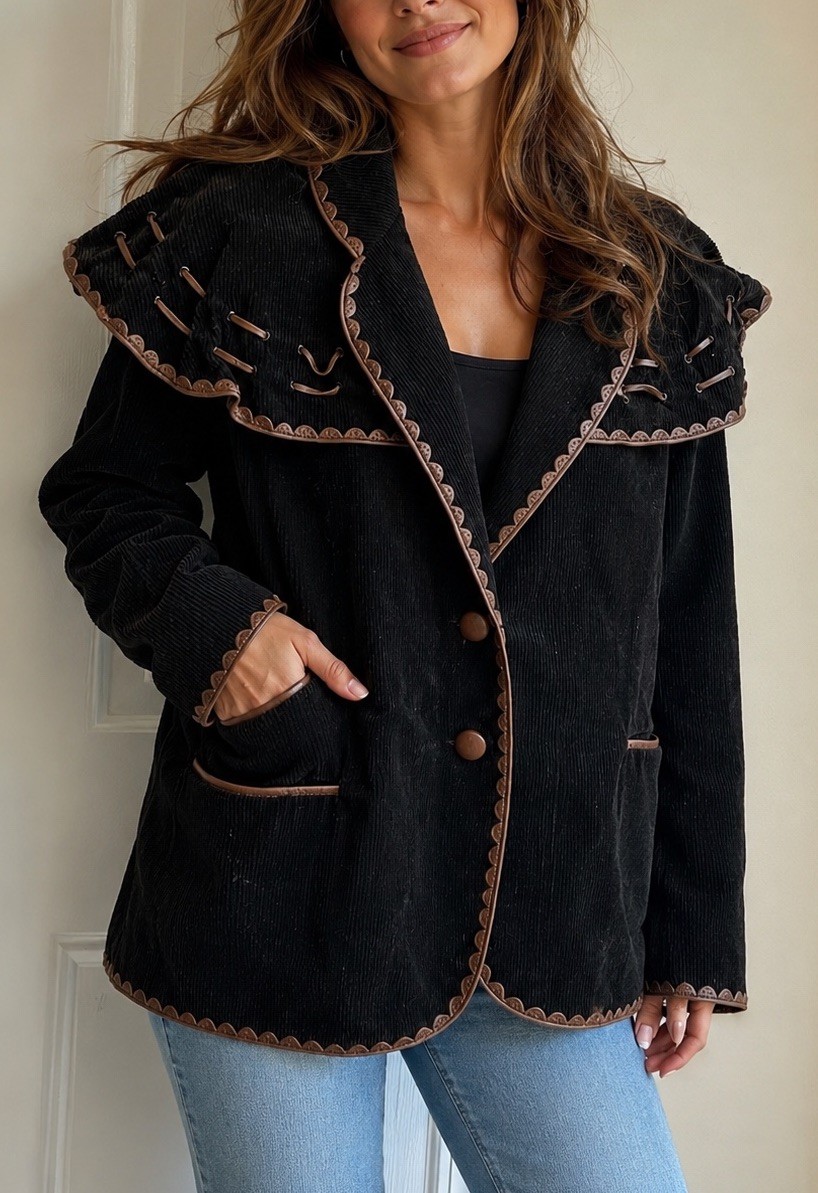 Vintage Bis by Gene Ewing Women’s Corduroy Coat Leather Trim Brown Small