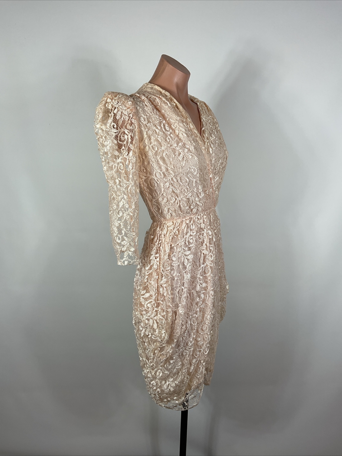Vintage 80s Tulip Hem Peach Lace Dress Puffy Sleeve Party Prom Cocktail S/M