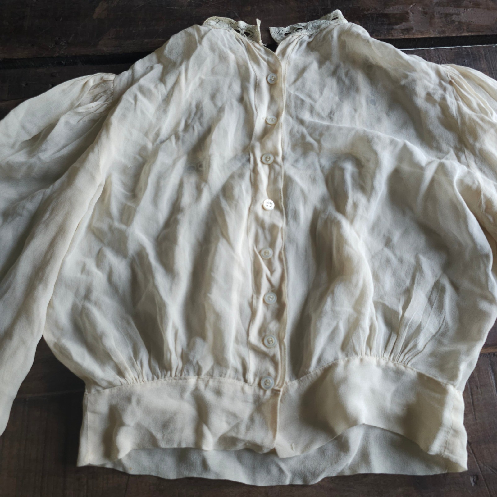 Antique Edwardian Pigeon Breast Blouse Lace Trim Bishop Sleeve Cream Top AS IS