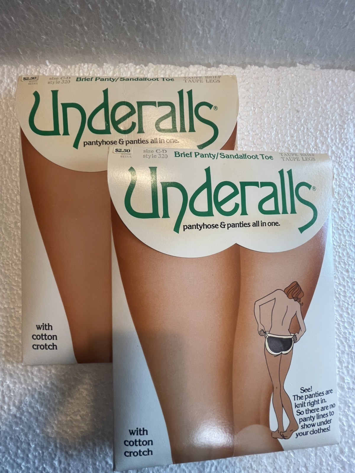 Vintage Underall Pantyhose Size C-D Taupe Sandalfoot Toe 2 pair