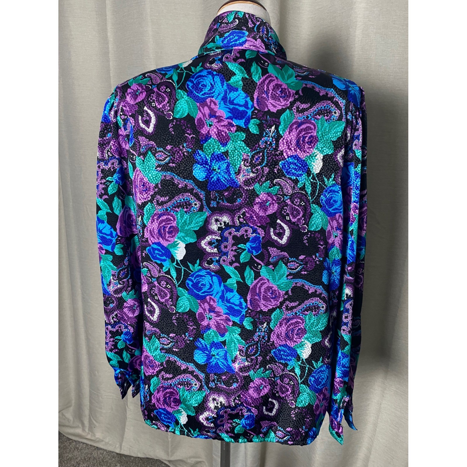 Vintage Gianna Floral Paisley Tie Neck Blouse Purple Blue 70s 80s Retro Shirt